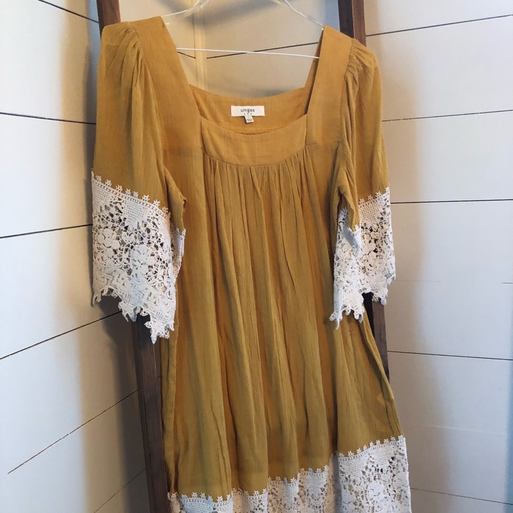 Mustard yellow dress with crochet trim